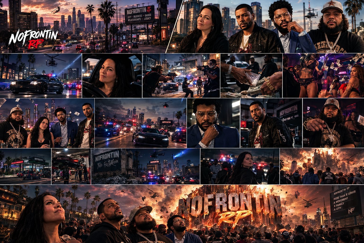 A collage of NOFRONTIN RP scenes — the city, the crew, police chases, and community moments