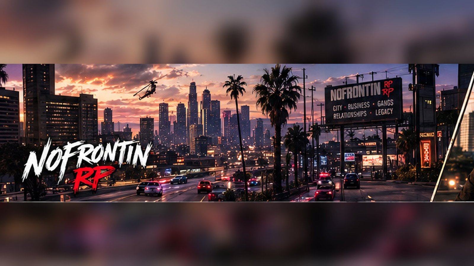 Los Santos-style city skyline at dawn with palm trees — the world of NOFRONTIN RP